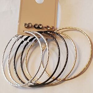 Elegant Gold, Black, and Silver Hoop And Stud Earrings Set